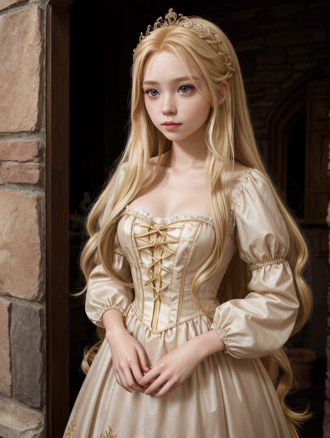 Girl with extremely long blonde hair, she is dressed as rapunzel, your hair and dress look like Rapunzel