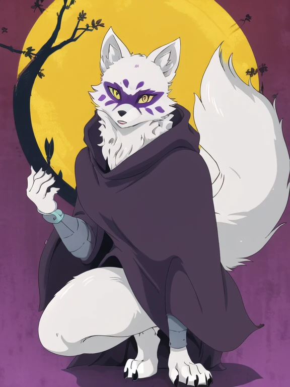 Alopex, arctic fox, furry character, purple mark eyes, tmnt, yellow eyes, girl1, solo, kunoichi outfits, best quality, masterpiece, fox ears, cloak,