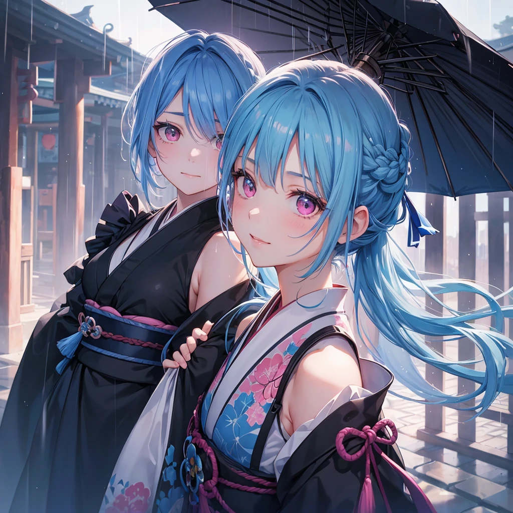 Sky blue hair, (Braided Ponytail),(Pink Eyes),Fair skin ,(whole body),(1 girl),smile,Straight bangs,(masterpiece, Highest quality, Very detailed, Best Shadow), (Detailed Background), (Beautifully detailed face), High Contrast, (Best lighting, Very delicate and beautiful), ((Cinematic Light)), colorful, Hyper Detail, Dramatic Light, Intricate details,rain like shower,Kyoto,Japanese Umbrella,Black kimono,