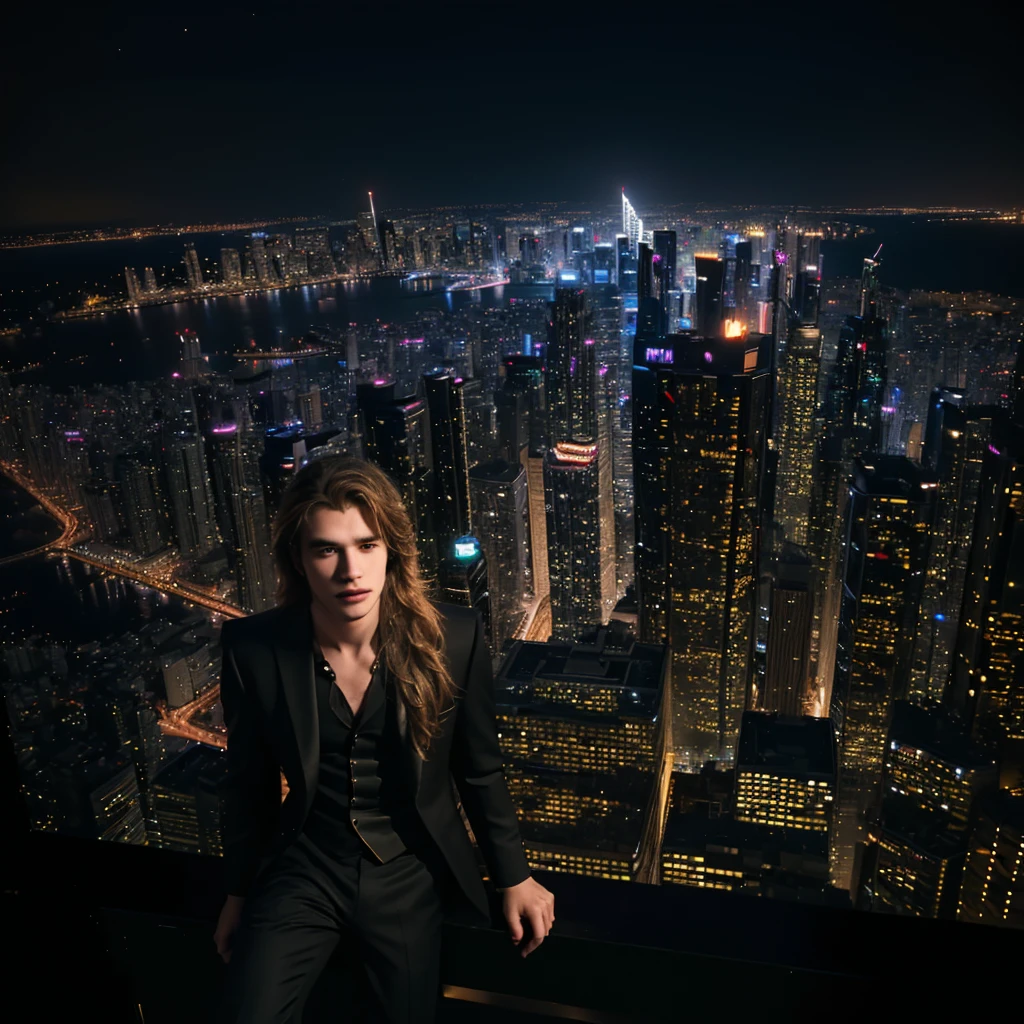 a young man with long golden hair in a black suit standing by a streetlight, looking at the bustling city night, detailed city skyline with skyscrapers and neon lights, wide angle, full panoramic view, focus on the character, extremely detailed