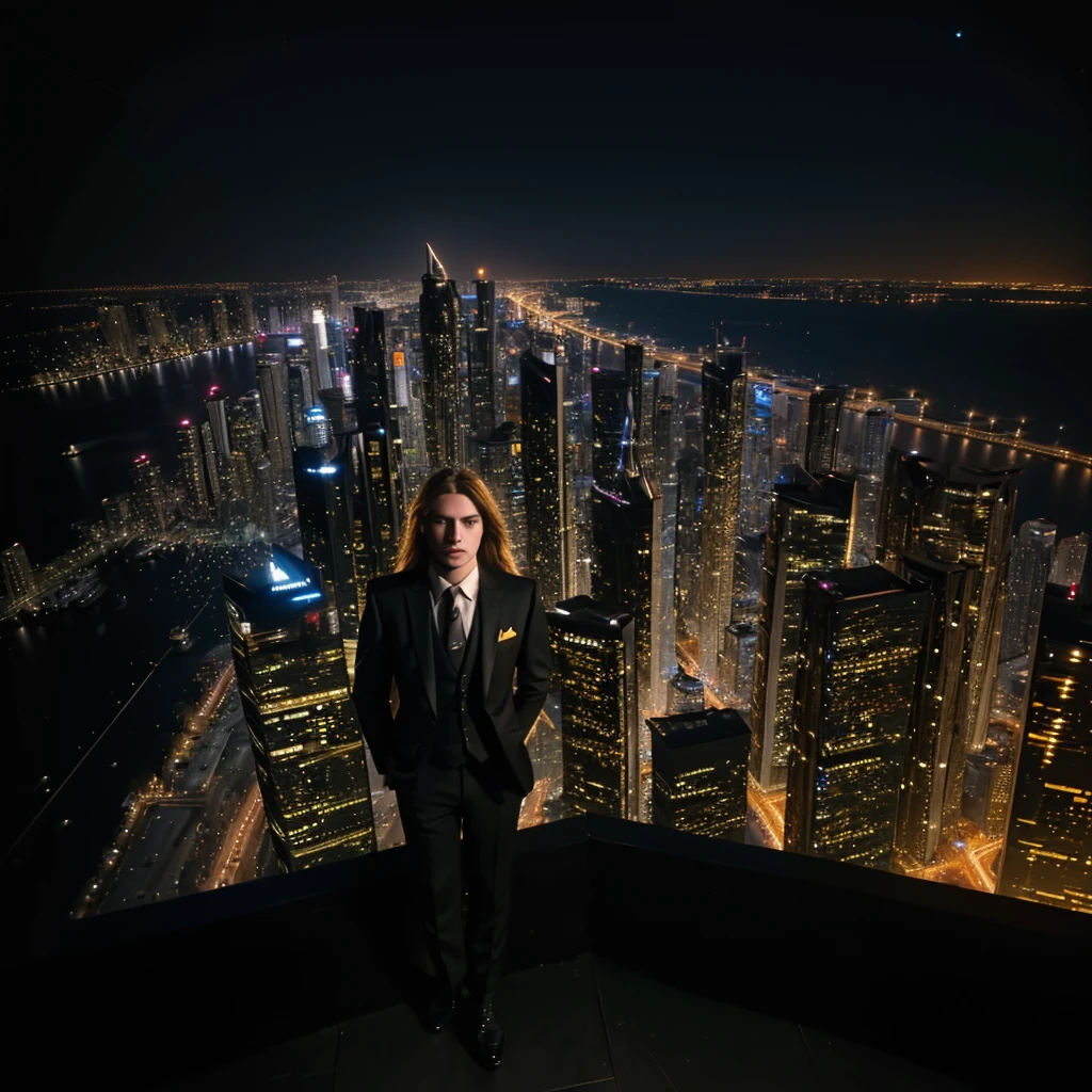 a young man with long golden hair in a black suit standing by a streetlight, looking at the bustling city night, detailed city skyline with skyscrapers and neon lights, wide angle, full panoramic view, focus on the character, extremely detailed