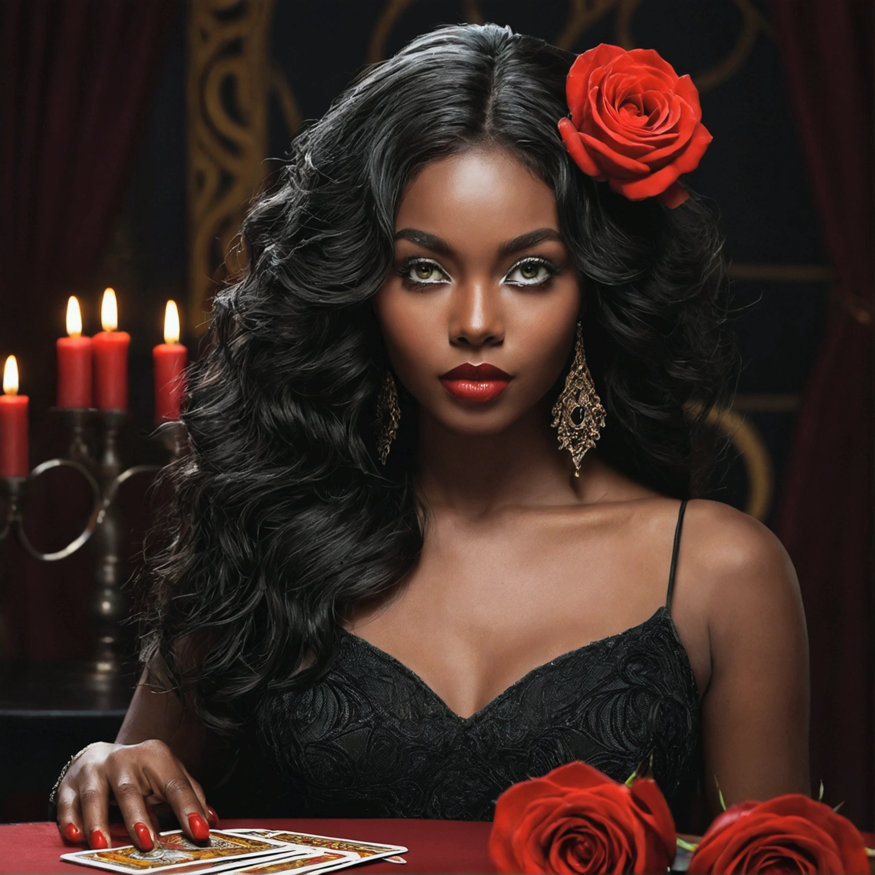 black skin woman , wavy black hair, red rose in hair,
greeneyes, cigarette in hand, and tarot cards in the other hand,
six round, long red and black dress with details, , red lipstick on the mouth, sitting at a table with seven lit red candles and a glass, and some cards lie on the table, full moon in the sky, a black cat by her side,high resolution, beautiful and sensual woman.
