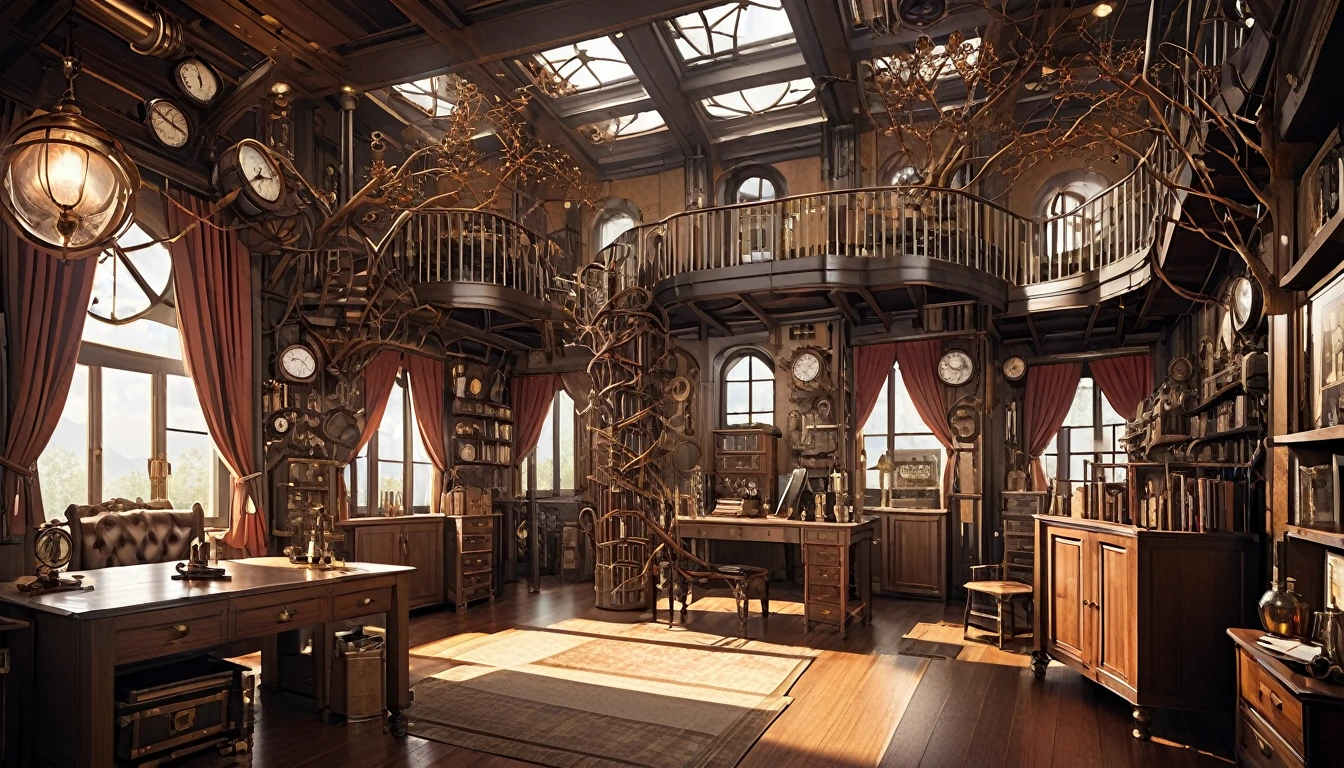 Huge and beautiful steampunk room with multiple branching rooms