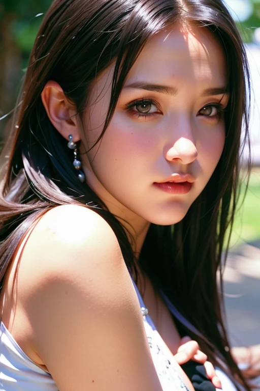 1 girl with long black hair, White skirt, Close-up of face, tifa, bust shoot, portfolio