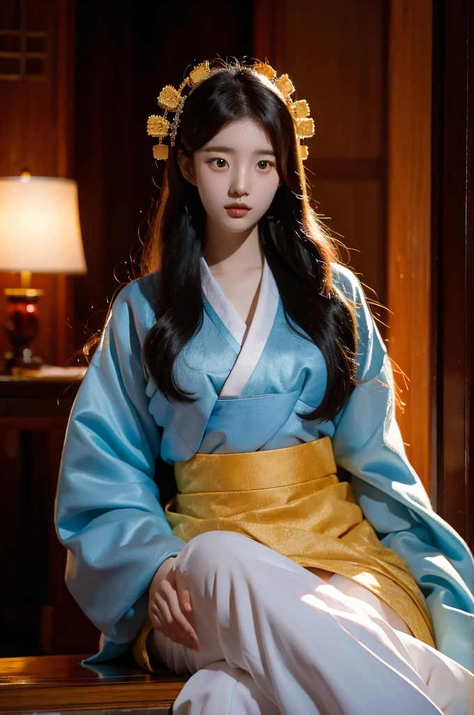 very beautiful, age Korean woman wearing hanbok with extremely large breasts, in the palace