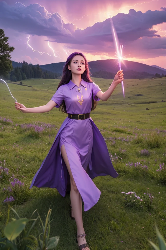Highest quality, 8k, photograph, Retro game style, Wizard, A girl casting a spell in the grassland, Purple Sky, lightning