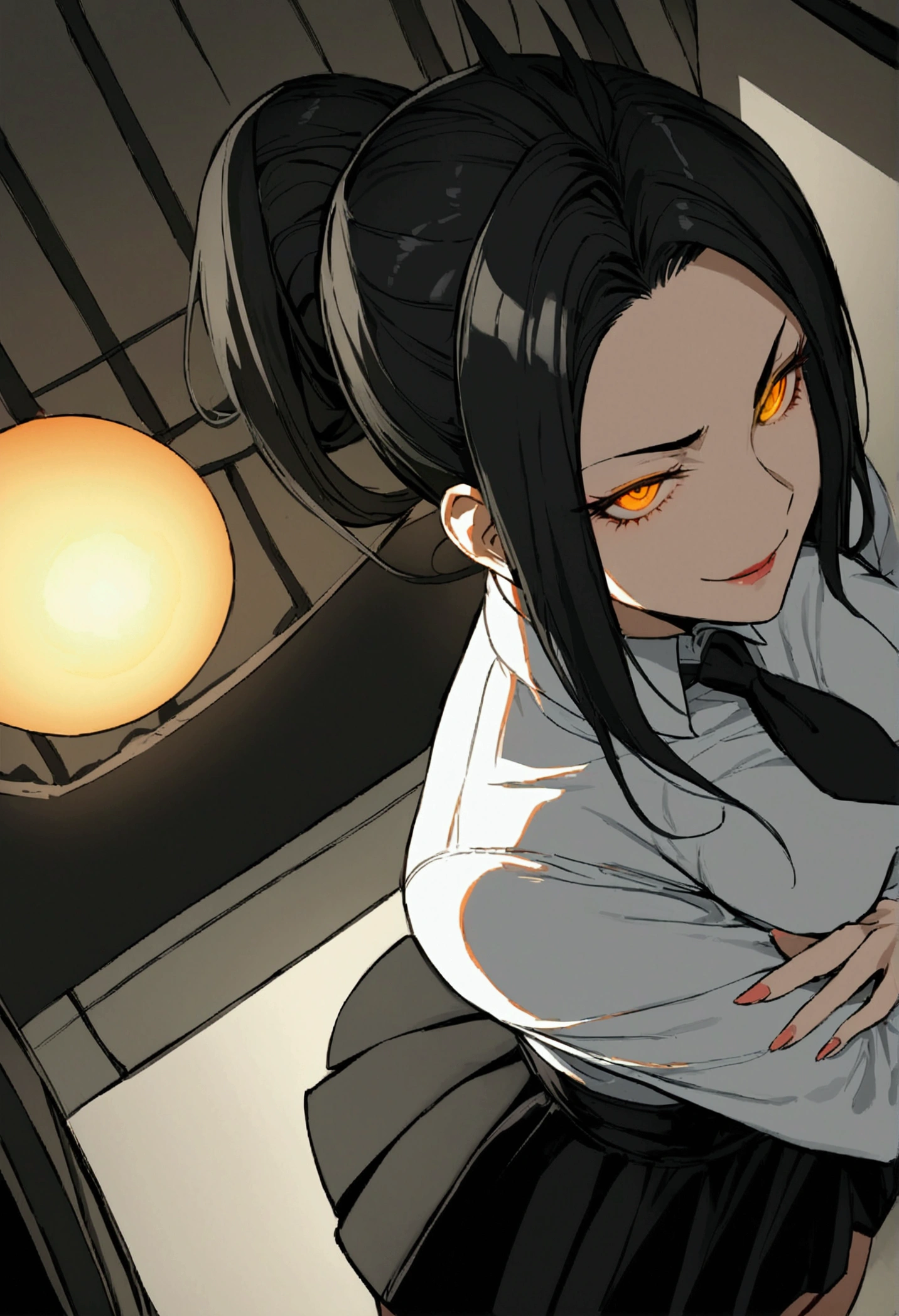 juri han, work of art, tight white secretary shirt with black tie, black high waist skirt, short skirt,stocking, black hair, black tightscary sun,office,bangs on the eyes,Lighting,horn of hair,view from above,staring overhead,evil smile,crossed arms