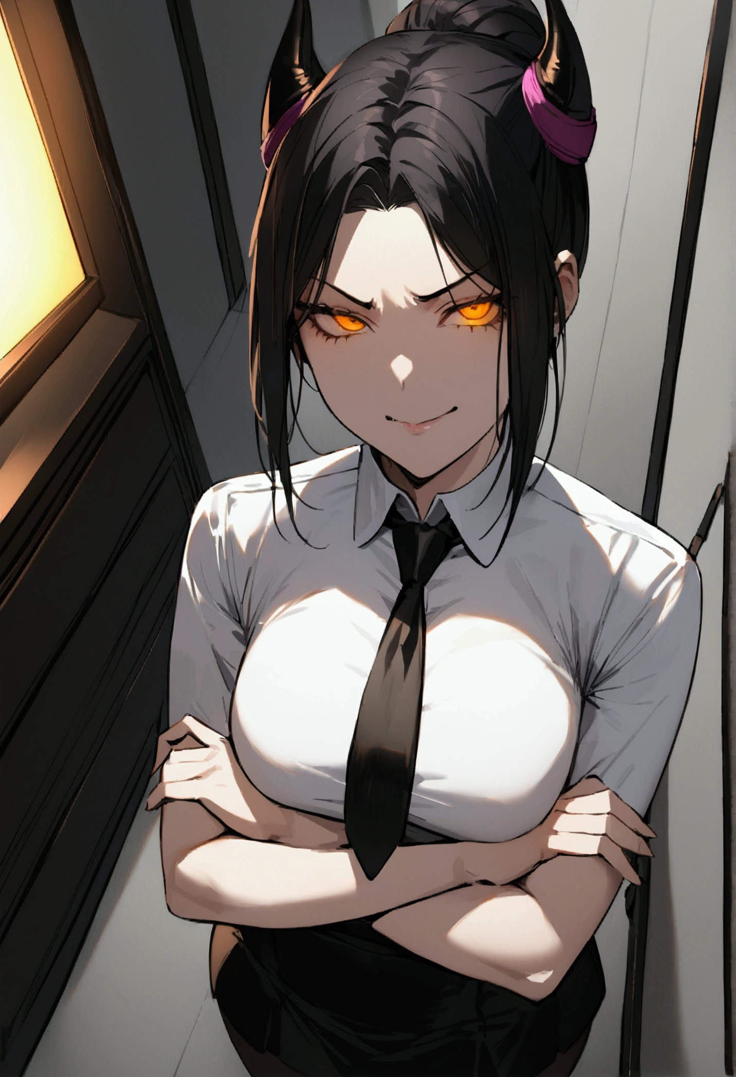 juri han, work of art, tight white secretary shirt with black tie, black high waist skirt, short skirt,stocking, black hair, black tightscary sun,office,bangs on the eyes,Lighting,horn of hair,view from above,staring overhead,evil smile,crossed arms
