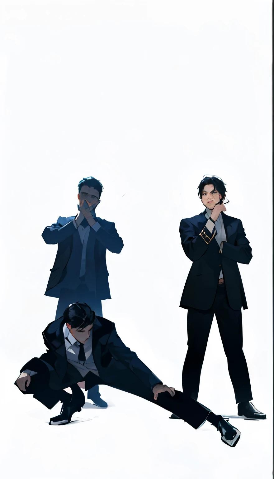 ((best quality)), ((masterpiece)), (detailed), Three young men in suits pose. One stands prominently in the background with a thoughtful expression and finger to his lips, while another stands to the right, resting a hand on his chin. The third man crouches in the foreground, extending his leg dramatically and wearing a medal around his neck, men in black, in an action pose, men in tuxedos, business men, shooting pose, action pose, wearing causal black suits, secret agents, action scene, wearing suits!, agents from the matrix movie, wearing a suits, action movie still, movie action still frame, mafia, in strict suit, anime pose, suits, mid - action, chinnese mafia