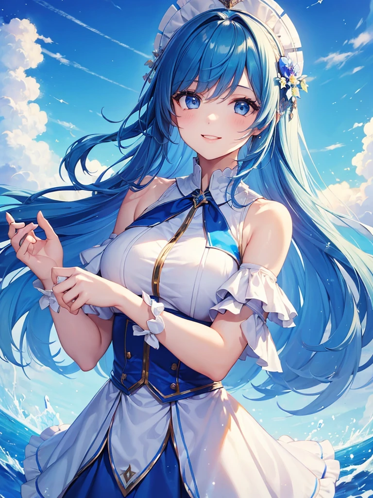 (masterpiece:1.5),(Beat quality),(high res),1girl solo,beautiful face,smile(shining eyes),upper body,light effects,Blue dress blue hair woman,Blue sky