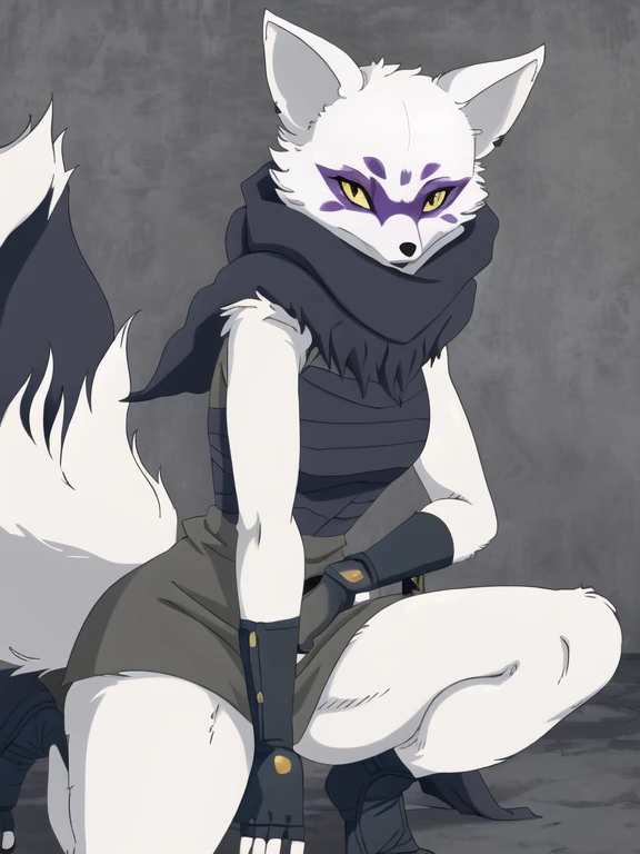 Alopex, arctic fox, furry character, purple mark eyes, tmnt, yellow eyes, girl1, solo, kunoichi outfits, best quality, masterpiece, fox ears, cloak, fingerless gloves ,black bandage arms and legs