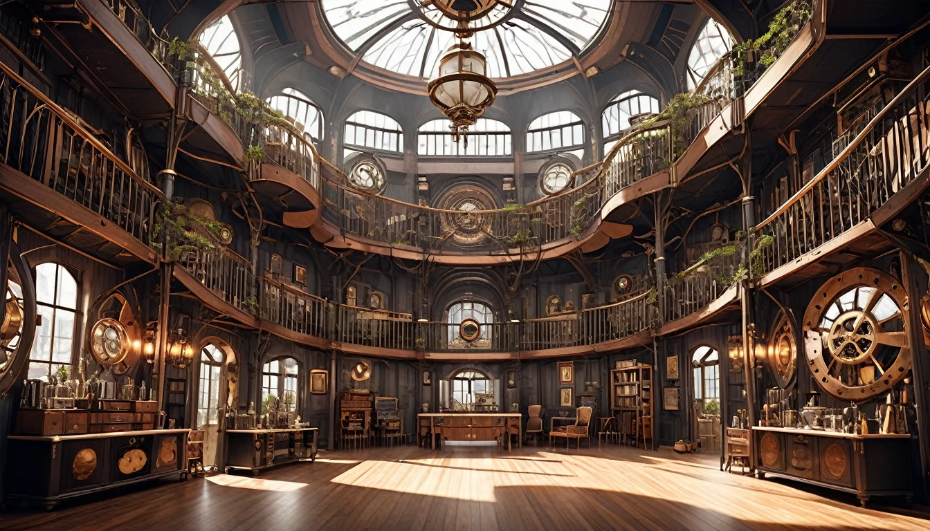 Huge and beautiful steampunk room with multiple branching rooms