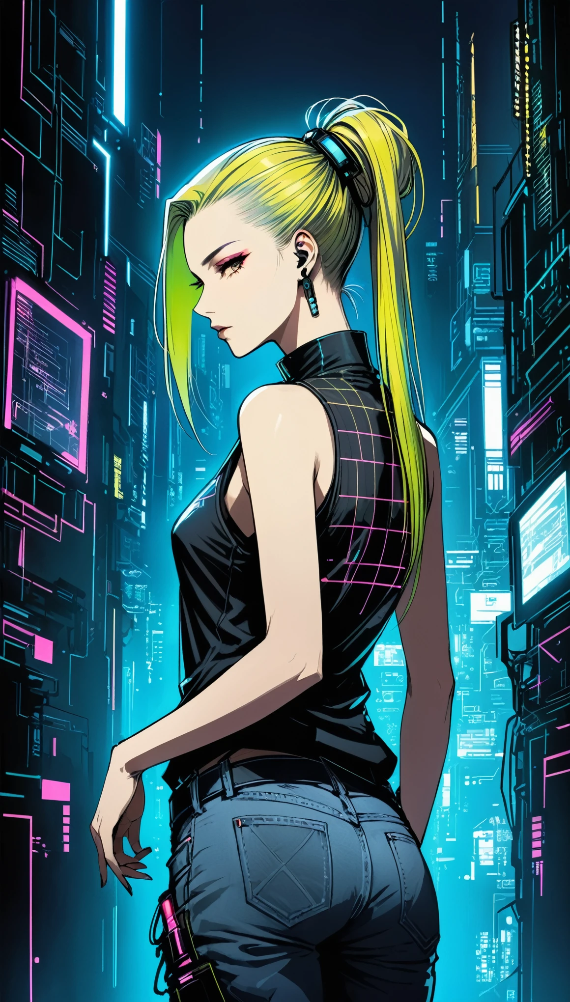 in style of Santiago Caruso,1girl,solo,Blue Background,oversize ,Hip-hop style,Black Plaid Sleeveless T-Shirt,jeans,One hand behind your back,looking at viewer,(Soft and straight cyberpunk hair:1.5)glowing fluorescent hair,Simple style,wide angle,Dynamic Angle,Slanted screen composition,(bangs_pinned_back:1.5),bangs pinned back