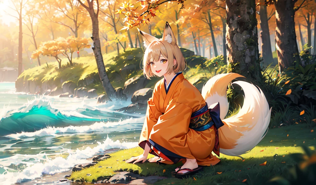 Two-shot photo of a girl and a fox,(Fantasy,Fox monster, four-tailed heavenly fox,),(Girl and fox monster: The Tale of the Four-Tailed Heavenly Fox),
(A girl crouching deep in the forest and looking up,Fox Yokai Two-shot video of a fox guarding a girl&#39;s back Poster of the four-tailed fox),
(Natural soft light.)(sunlight,),(sunlight,),(Professional Lighting.),
(glossy light brown and orange two-tone color,,,,,,,,,,,Wave Shortcut Hair,Disheveled Hair,),Japanese Kimono,can,Cute round face red lipstick,A cute smile that makes the viewer happy,
Autumn forest,Strong wind blowing over dead leaves Digital illustration,
(Photorealistic:1.3),(RAW Photos.),
(Tabletop,Highest quality,Ultra-high resolution output images,)
(8K quality,),(Picture Mode Ultra HD,),(Picture Mode Ultra HD,),(Ocean Art 2.1:1.3,),日本アニメFantasy,