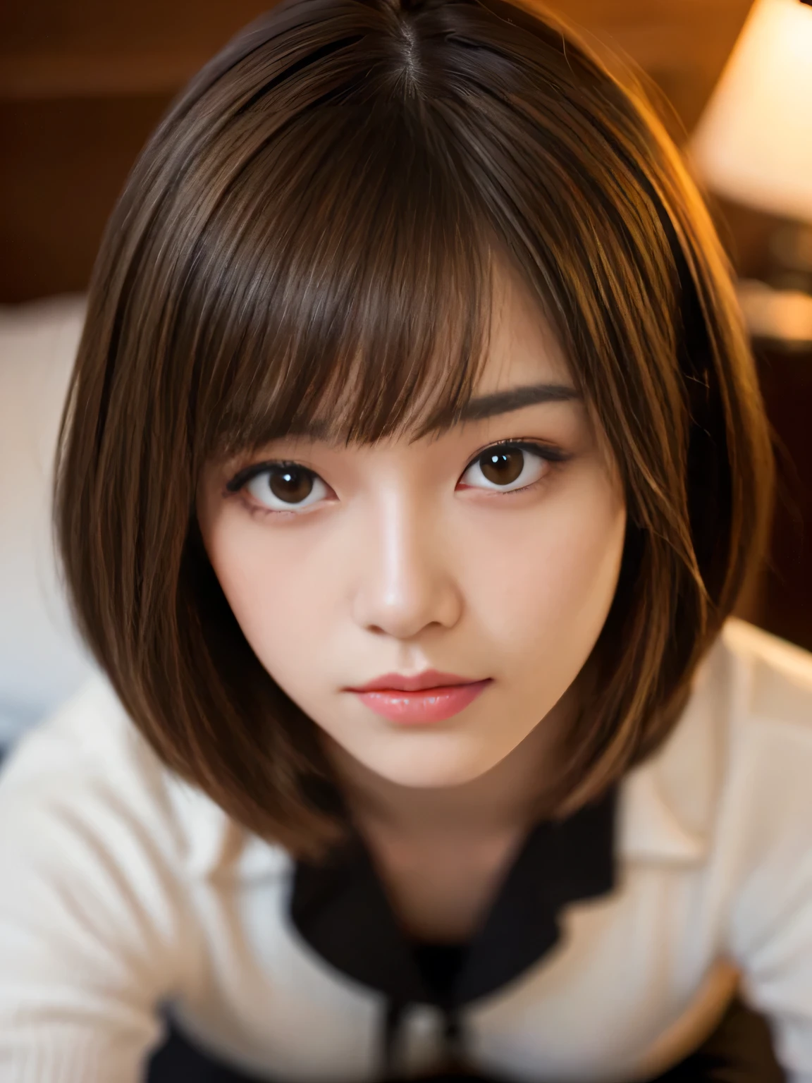 masterpiece, best quality, ultra-detailed, intricately detailed hyperdetailed, realistic, sharp features, highly detailed, sharp focus, Realistic, Photorealistic:1.3, (20 years old:1.3), perfect face, perfect symmetrically eyes, perfect full lips, hyper detailed, hyper realistic, high resolution, Fashion Model, Japanese Idol, brown hair, Beautiful Face, light brown hair, Blunt Bangs, (Black camisole:1.2), (kneeling), Bed, (looking at viewer), upper body, cinematic lighting, in focus with blurred background,