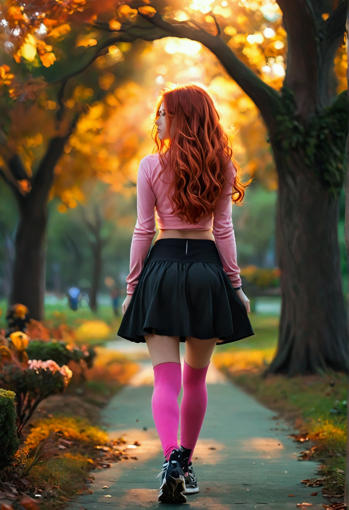 ultra realistic, photography, long red hair, girl, 24 years old, hourglass figure, perfect body, medium natural breasts, Flirty look, extremely detailed artgerm, in the style artgerm, lens 35 mm, blur background, walking, in the park at dawn, wearing a pink top, a black short skirt, thigh socks and sneakers,