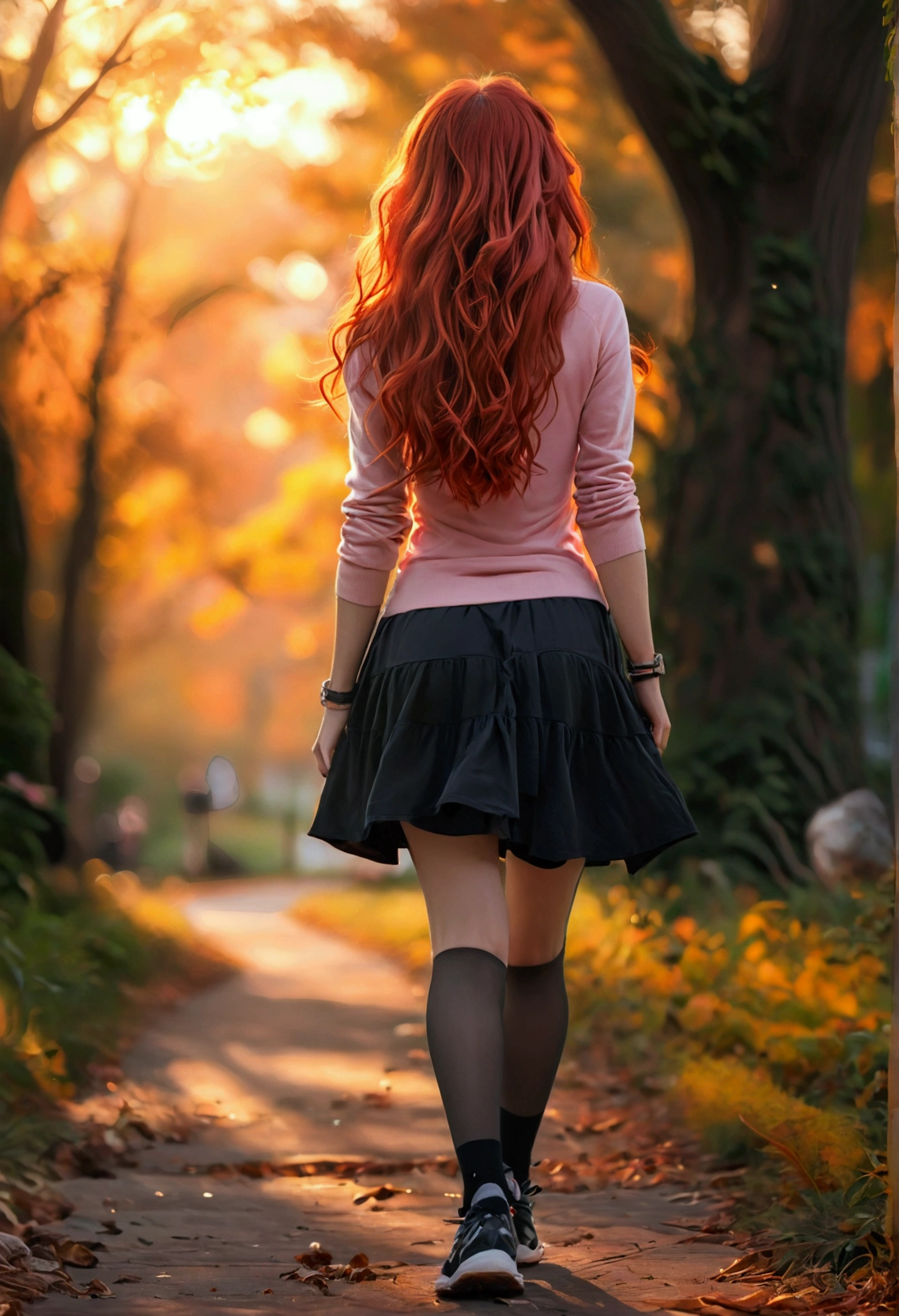 ultra realistic, photography, long red hair, girl, 24 years old, hourglass figure, perfect body, medium natural breasts, Flirty look, extremely detailed artgerm, in the style artgerm, lens 35 mm, blur background, walking, in the park at dawn, wearing a pink top, a black short skirt, thigh socks and sneakers,
