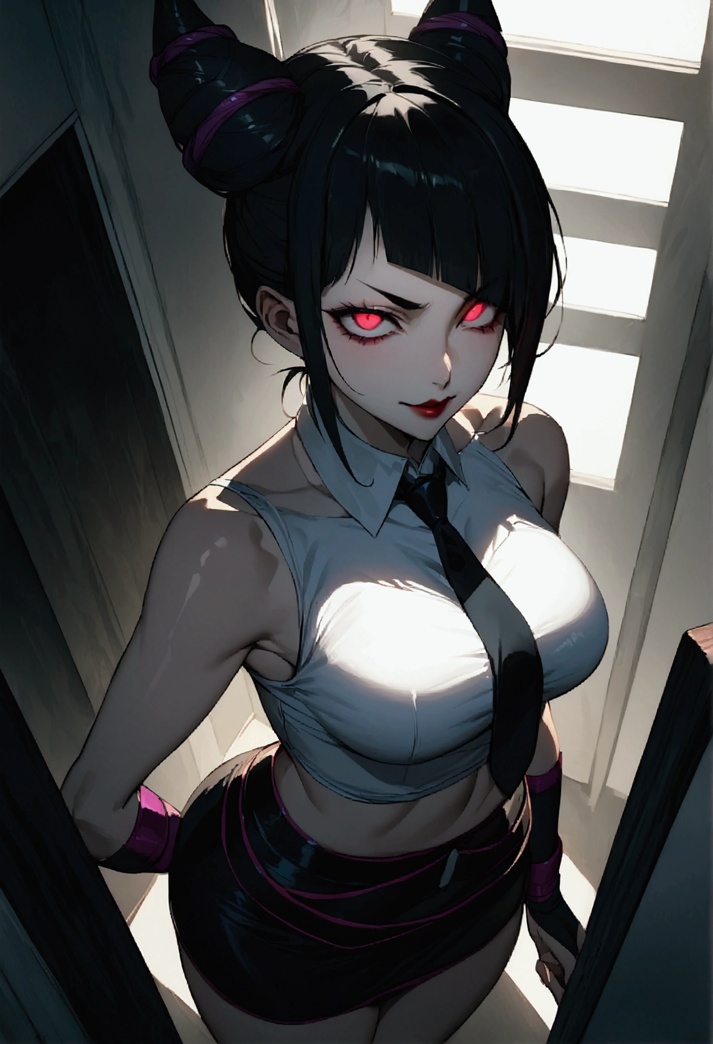 juri han, work of art, tight white secretary shirt with black tie, black high waist skirt, short skirt,stocking, black hair, black tightscary sun,office,bangs on the eyes,Lighting,horn of hair,view from above,staring overhead,evil smile
