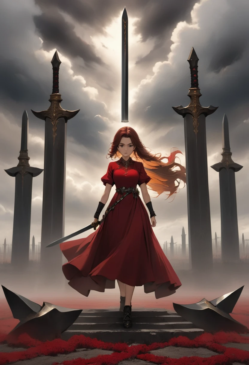 1girl, beautiful woman, beautiful face, dark red dress, she is standing on cloudy ground of thousands of grave of divine swords
