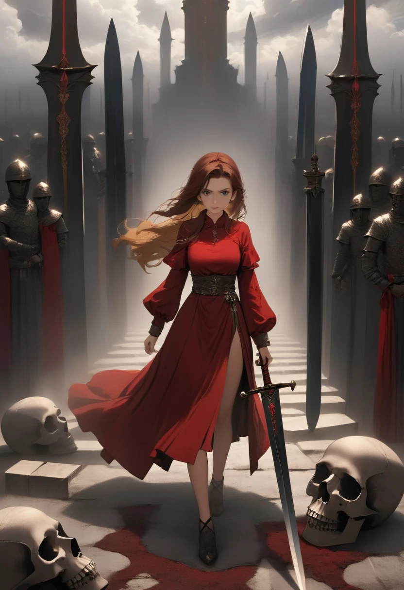 1girl, beautiful woman, beautiful face, dark red dress, she is standing on cloudy ground of thousands of grave of divine swords