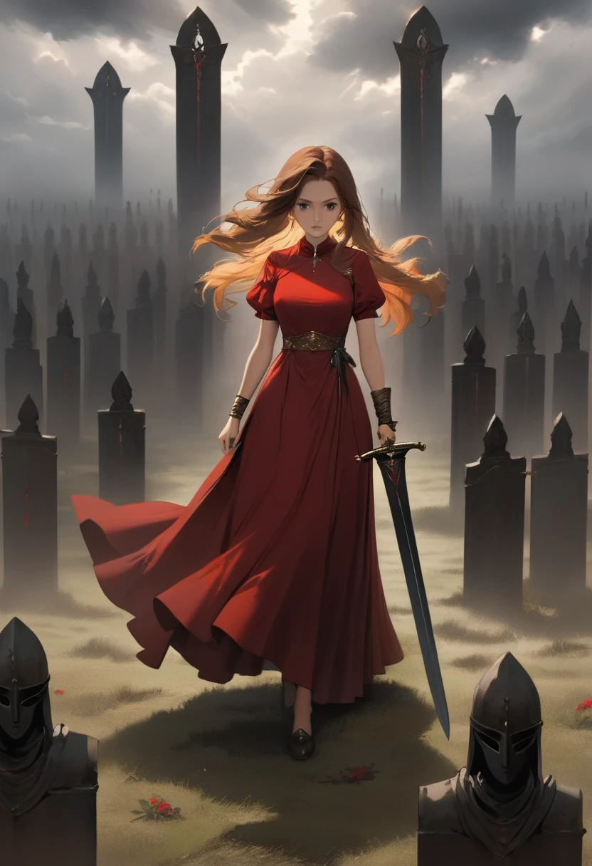 1girl, beautiful woman, beautiful face, dark red dress, she is standing on cloudy ground of thousands of grave of divine swords