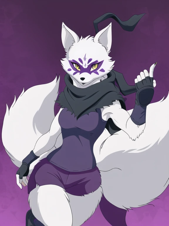 Alopex, arctic fox, furry character, purple mark eyes, tmnt, yellow eyes, girl1, solo, kunoichi outfits, best quality, masterpiece, fox ears, cloak, fingerless gloves, ninja shorts