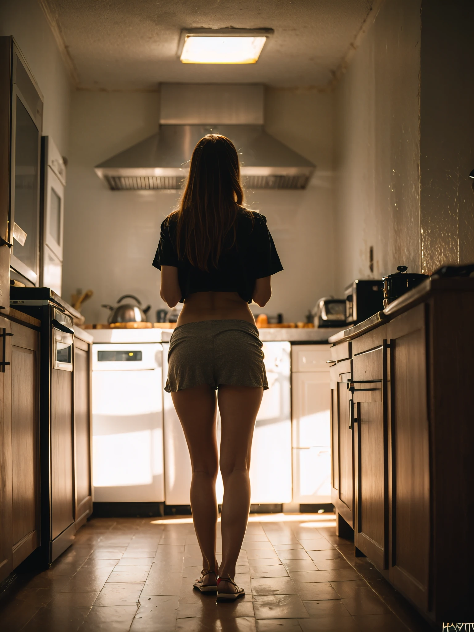 (YES SFW), a woman standing in a kitchen wearing white panties, (The woman is standing in an old kitchen:1.6), (The woman is standing in an old kitchen. Sneakers), back view, insane details, real skin pores, real skin, freckles, moles on skin, photorealistic, (YES SFW:1.5), sfw, sfw, full body, bare feet, long hair, realistic hands. [The character is surrounded by mist, evoking a mysterious and eerie atmosphere. The lighting is dark and atmospheric, with smoke adding a touch of sinister ambiance. Best quality image, HDR enhancement, showcasing the utmost level of detail and realism, full body shot:1.5]. [8K, Best Quality, Ultra High Resolution, (highly detailed CG unity 8k wallpaper), (best photo), (best shadows), isometric 3D, octane rendering, ray tracing, highly detailed, (Best quality, 4K, 8k:1.2), absurdity, ultra detailed, (realistic, photorealistic, photorealistic:1.37), complex parts, HDR, (complex parts:1.12), (hyper detailed, hyper realistic, Soft lighting, spicy:1.2), (complex parts, Hyper detailed:1.15). Blurred foreground. (backlit), masterpiece, high quality, brightness, chromatic aberration, foggy smoke, shadows, contrast, clear sky, (warm hue, warm tone), high details, natural reflections]. (YES SFW), nphot