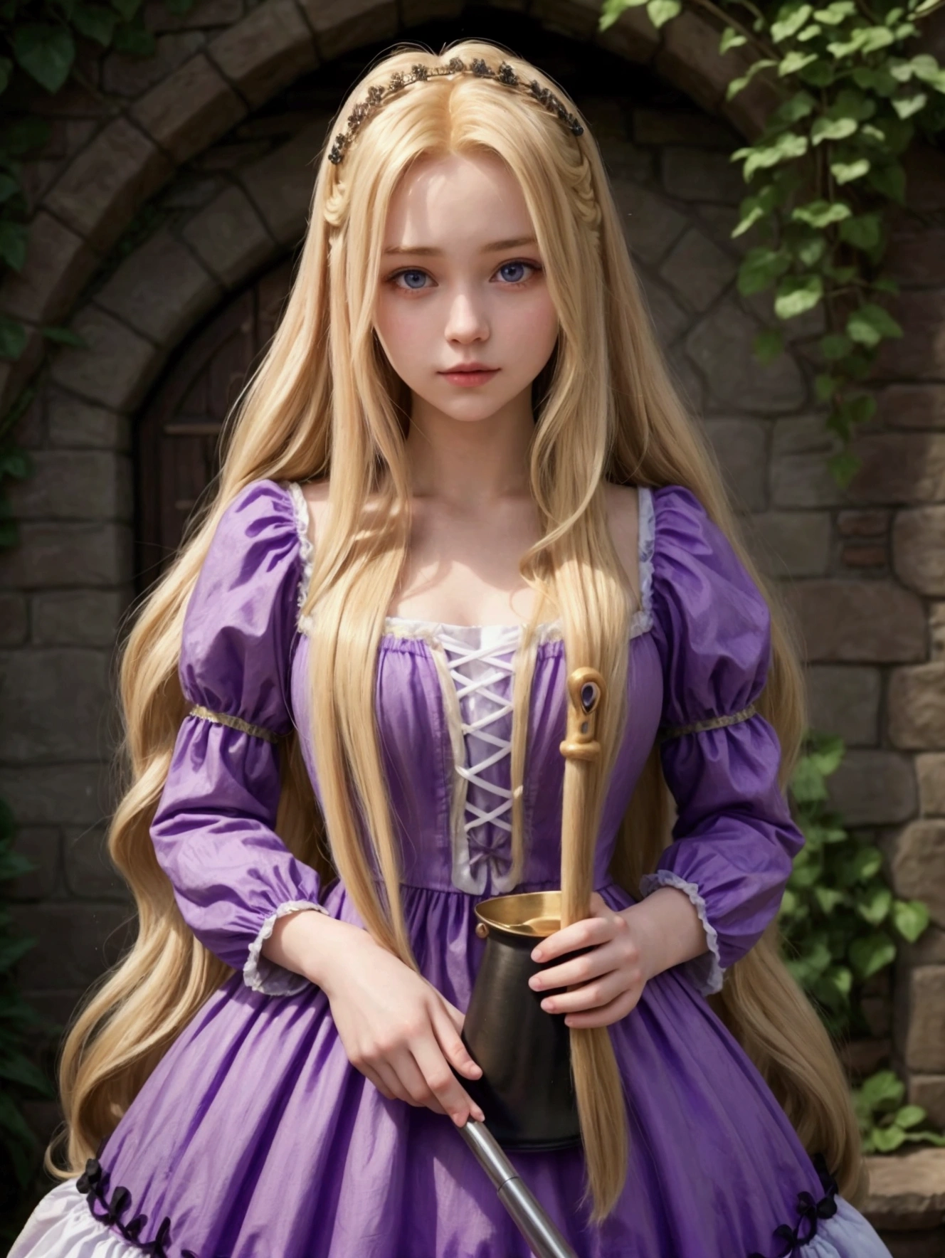 Girl with extremely long blonde hair, she is dressed as rapunzel, her dress is purple like Rapunzel's and she holds a black frying pan
