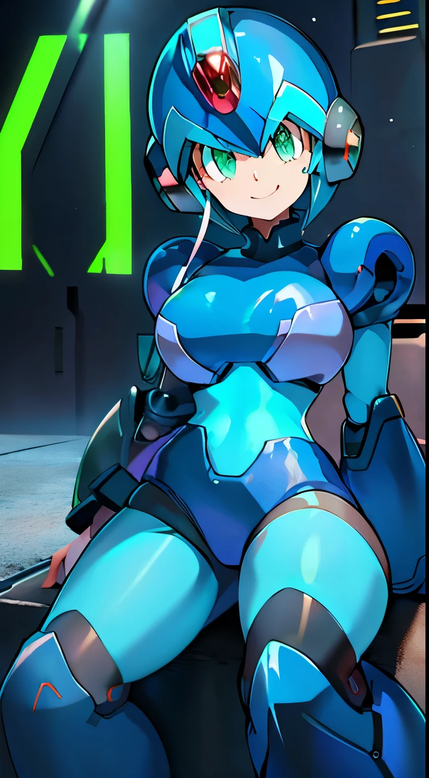 megaman x Girl, cute, Reploid, fullbody shot, maverick hunter, extremely detailed, dinamic pose, Green eyes, long eyelashes, glowing lips, smile, black waist
