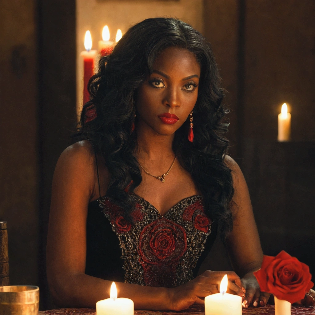 black skin woman , wavy black hair, red rose in hair,
greeneyes, cigarette in hand, and tarot cards in the other hand,
Six silicones, long red and black dress with details, , red lipstick on the mouth, sitting at a table with seven lit red candles and a glass, and some cards lie on the table, full moon in the sky, a black cat by her side,high resolution, beautiful and sensual woman.
mysterious photo