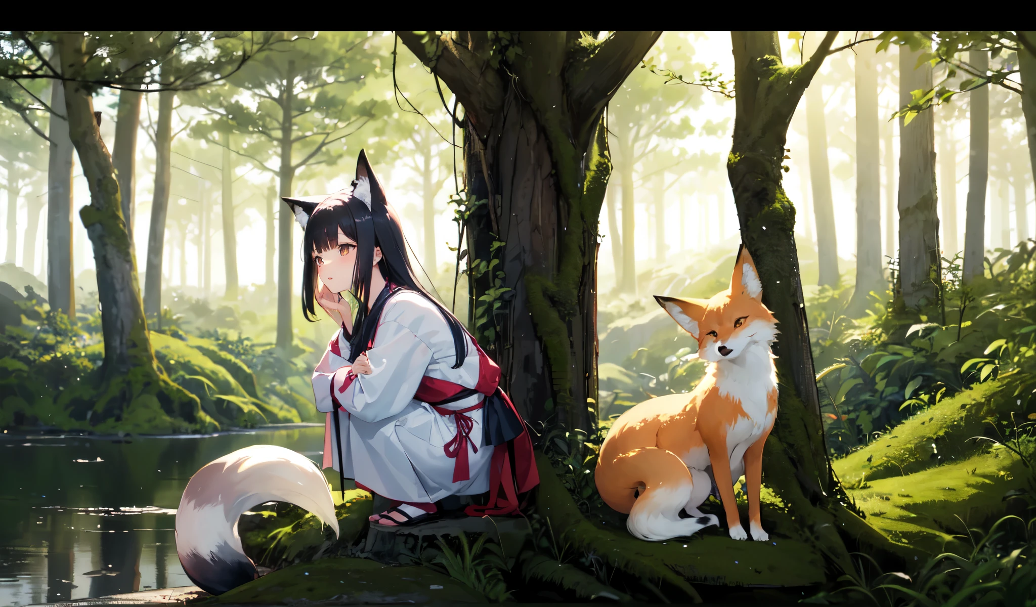 Two-shot photo of a girl and a fox,(Fantasy,Fox monster, four-tailed heavenly fox,),(Girl and fox monster: The Tale of the Four-Tailed Heavenly Fox),
(A girl crouching deep in the forest and looking up,Fox Yokai Two-shot video of a fox guarding a girl's back Poster of the four-tailed fox),