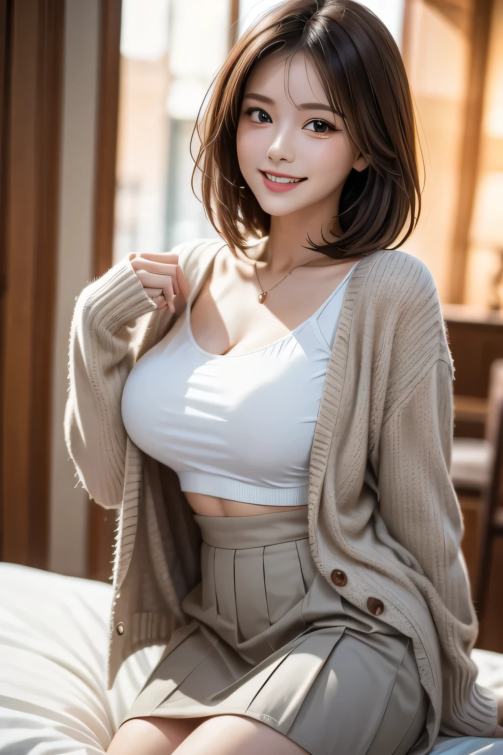 1 female, (Beautiful face with detailed shading), whole body, 40s, (Big Breasts), Beaver, Brown eyes, (Pink Cardigan), Open cardigan, White camisole blouse, (Yellow pleated skirt), White knee-high, On the bed, (Tabletop)), ((Highest quality)), (Very detailedな), ((attractive)), ((Very detailed)), 4K, (8k), Highest quality, (beautiful),(((World Class Quality))), Very detailed, High resolution,