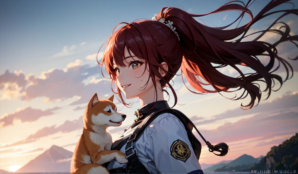 Flowing with crystal clear water,Beautiful mountains in the background々,(Girl taking a walk with a puppy:1.3),(Shiba Inu:1.3),Have a lead,Very Big White T-Shirt,cargo pants, Smiling Kindly、(Beautiful girls)、(Short reddish brown hair、hairpin、ponytail、Floating Hair、)huge 、A smile that captivates the viewer、Take a look at the photographer、Sweaty skin、Staring at the audience,Pointed red mouth,Perfect round face,,Proper body balance,Intricate details,Very delicate and beautiful hair,Photo Real,dream-like,Professional Lighting,Realistic Shadows,Beautiful Hands,Beautiful fingers,Detailed characteristics of the fingers,Detailed arm functions,Detailed clothing features,Detailed hair features,Detailed facial features,(Tabletop,Highest quality,Ultra-high resolution output images,) ,(8K quality,),(Picture Mode Ultra HD,)