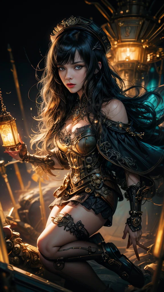 magician girl. very cute 14 year old, (((masterpiece, highest quality, Raw photo, realistic, Depth of the bounds written, super detailed, detailed face, Very accurate eyes))), dynamic action pose, summon magic, Mechanical Magic Weapon, very slender length legs, Lace stockings above the knee, Steampunk hat, Fluttering lace flare mini skirt, Off-the-shoulder fashion combines detailed steampunk with detailed gothic ta., (((very thin body, length, thin limbs))), Beautiful small breasts, (((thick bangs))), (((princess cut))), Clean length Black hair, length vertical curly hair, Wind powered, Futuristic complex steampunk factory background, Infinite dark universe, Flying objects, Countless heavenly neon lights raining down from the sky, Cinematic lighting.