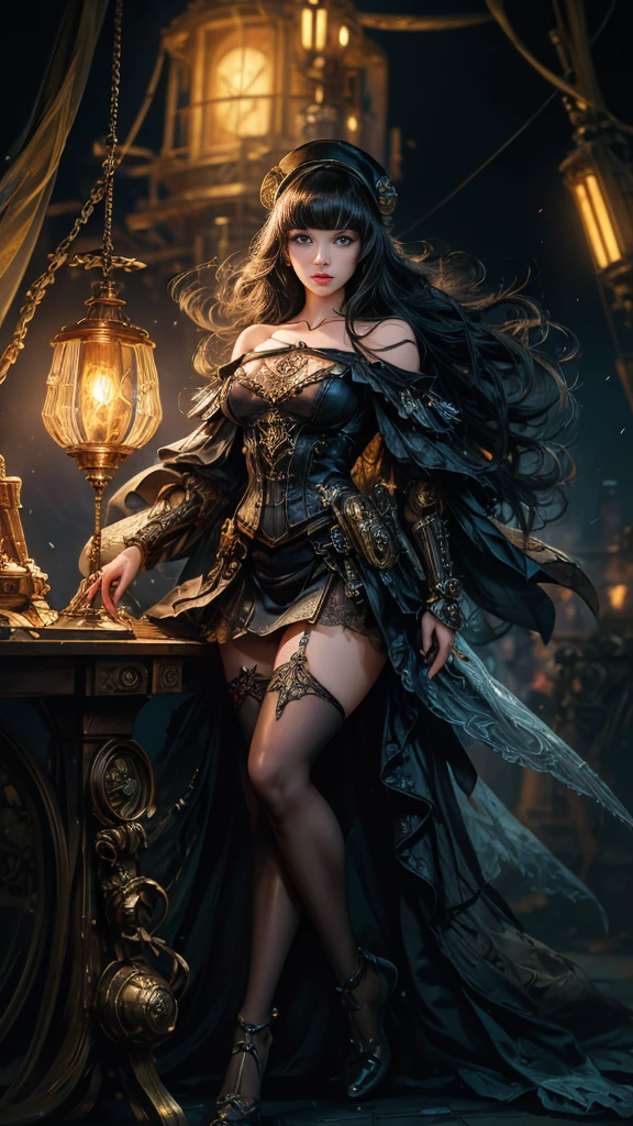 magician girl. very cute 14 year old, (((masterpiece, highest quality, Raw photo, realistic, Depth of the bounds written, super detailed, detailed face, Very accurate eyes))), dynamic action pose, summon magic, Mechanical Magic Weapon, very slender length legs, Lace stockings above the knee, Steampunk hat, Fluttering lace flare mini skirt, Off-the-shoulder fashion combines detailed steampunk with detailed gothic ta., (((very thin body, length, thin limbs))), Beautiful small breasts, (((thick bangs))), (((princess cut))), Clean length Black hair, length vertical curly hair, Wind powered, Futuristic complex steampunk factory background, Infinite dark universe, Flying objects, Countless heavenly neon lights raining down from the sky, Cinematic lighting.