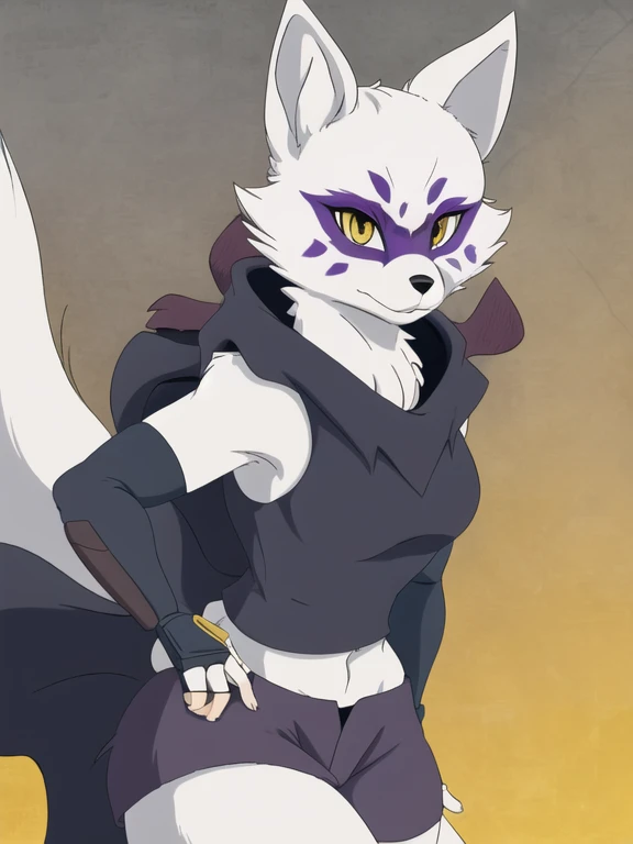 Alopex, arctic fox, furry character, purple mark eyes, tmnt, yellow eyes, girl1, solo, kunoichi outfits, best quality, masterpiece, fox ears, cloak, fingerless gloves, ninja shorts