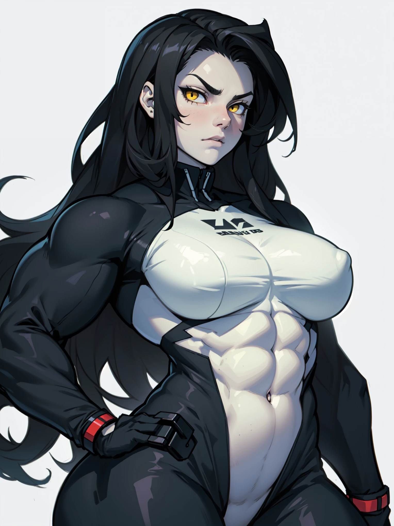 ((((muscular 1girl)))) ((((thick toned body breasts)))) (pale skin) black hair yellow eyes very long hair expressionless expressionless skintight