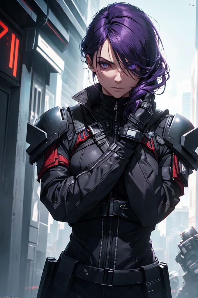 a man in futuristic assassin's creed-like outfit, dark purple hair, serious and imposing expression, black outfit with fragmenting elements, (best quality,4k,8k,highres,masterpiece:1.2),ultra-detailed,(realistic,photorealistic,photo-realistic:1.37),cinematic lighting, dramatic pose, intricate details, hyper-realistic, volumetric lighting, moody atmosphere, dark sci-fi, cyberpunk, chiaroscuro