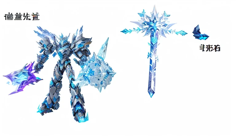 There are many different items on the table, Mjolnir, Possesses the power of ice, Ice crystal armor, armor made of ice, Use Leviathan Ax, Frostbite 3 rendering, Ice King, This character has the ability to freeze, ax element, Mecha style greek god, Detailed cosmic angel robot, Anime robot mixed with organic, Frostbitten engine