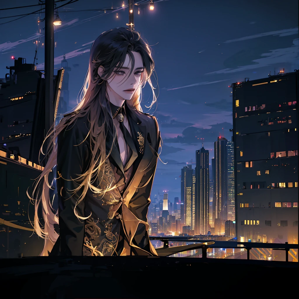 a young man with long golden hair in a black suit standing by a streetlight, looking at the bustling city night, detailed city skyline with skyscrapers and neon lights, wide angle, full panoramic view, focus on the character, extremely detailed，Anime style，，whole body，Back