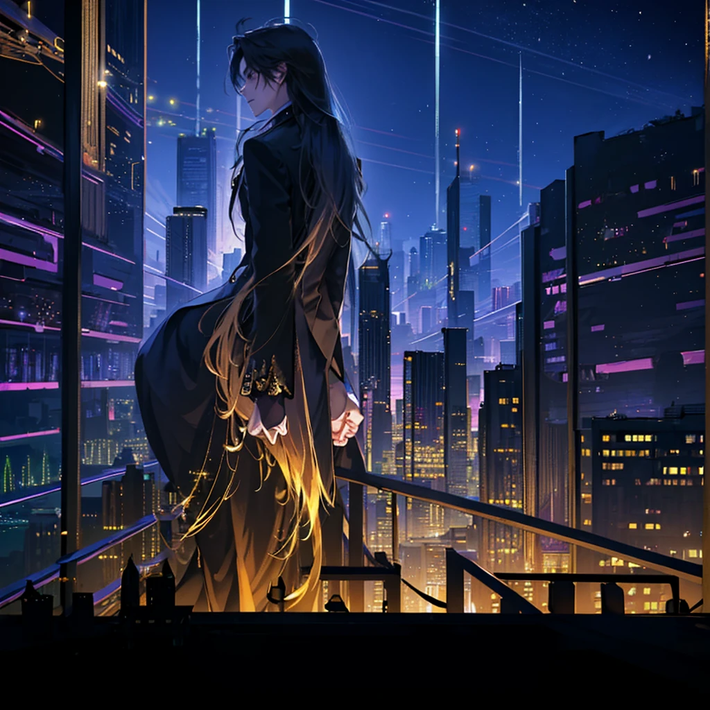 a young man with long golden hair in a black suit standing by a streetlight, looking at the bustling city night, detailed city skyline with skyscrapers and neon lights, wide angle, full panoramic view, focus on the character, extremely detailed,Anime style,,whole body,Back