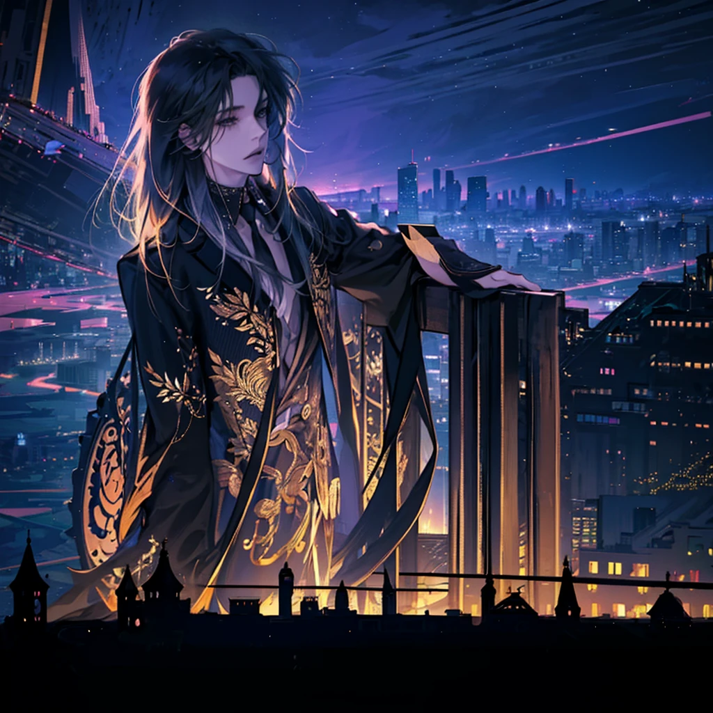 a young man with long golden hair in a black suit standing by a streetlight, looking at the bustling city night, detailed city skyline with skyscrapers and neon lights, wide angle, full panoramic view, focus on the character, extremely detailed，Anime style，，whole body，Back