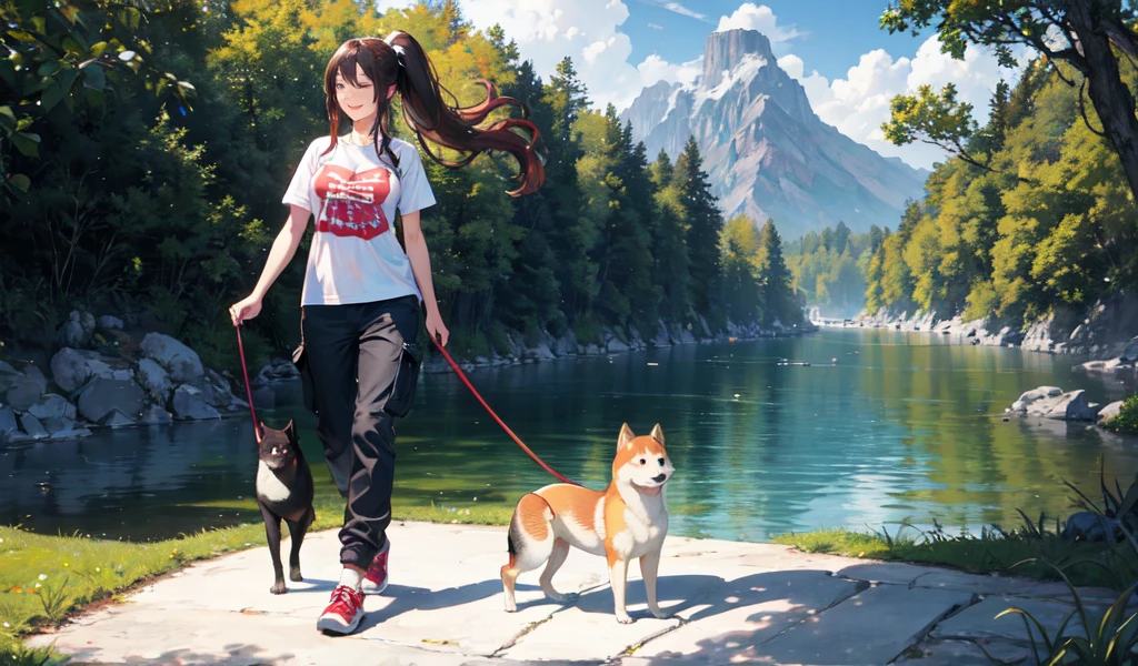 Flowing with crystal clear water,Beautiful mountains in the background々,(Girl taking a walk with a puppy:1.3),(Shiba Inu:1.3),Have a lead,Very Big White T-Shirt,cargo pants, Smiling Kindly、(Beautiful girls)、(Short reddish brown hair、hairpin、ponytail、Floating Hair、)huge 、A smile that captivates the viewer、Take a look at the photographer、Sweaty skin、Staring at the audience,Pointed red mouth,Perfect round face,,Proper body balance,Intricate details,Very delicate and beautiful hair,Photo Real,dream-like,Professional Lighting,Realistic Shadows,Beautiful Hands,Beautiful fingers,Detailed characteristics of the fingers,Detailed arm functions,Detailed clothing features,Detailed hair features,Detailed facial features,(Tabletop,Highest quality,Ultra-high resolution output images,) ,(8K quality,),(Picture Mode Ultra HD,)