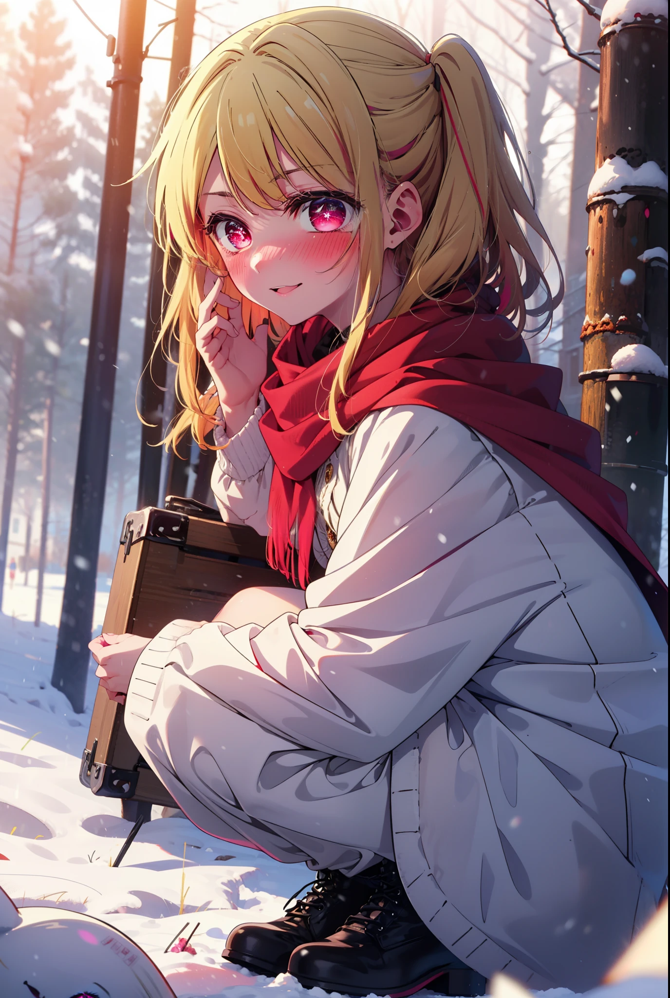 rubyhoshino, Hoshino Ruby, Long Hair, bangs, blonde, (Pink Eyes:1.3), Side Lock, (Symbol-shaped pupil:1.5), Multicolored Hair, Two-tone hair, smile,,smile,blush,white breath,
Open your mouth,snow,Ground bonfire, Outdoor, boots, snowing, From the side, wood, suitcase, Cape, Blurred, , forest, White handbag, nature,  Squat, Mouth closed, Cape, winter, Written boundary depth, Black shoes, red Cape break looking at viewer, Upper Body, whole body, break Outdoor, forest, nature, break (masterpiece:1.2), Highest quality, High resolution, unity 8k wallpaper, (shape:0.8), (Beautiful and beautiful eyes:1.6), Highly detailed face, Perfect lighting, Highly detailed CG, (Perfect hands, Perfect Anatomy),