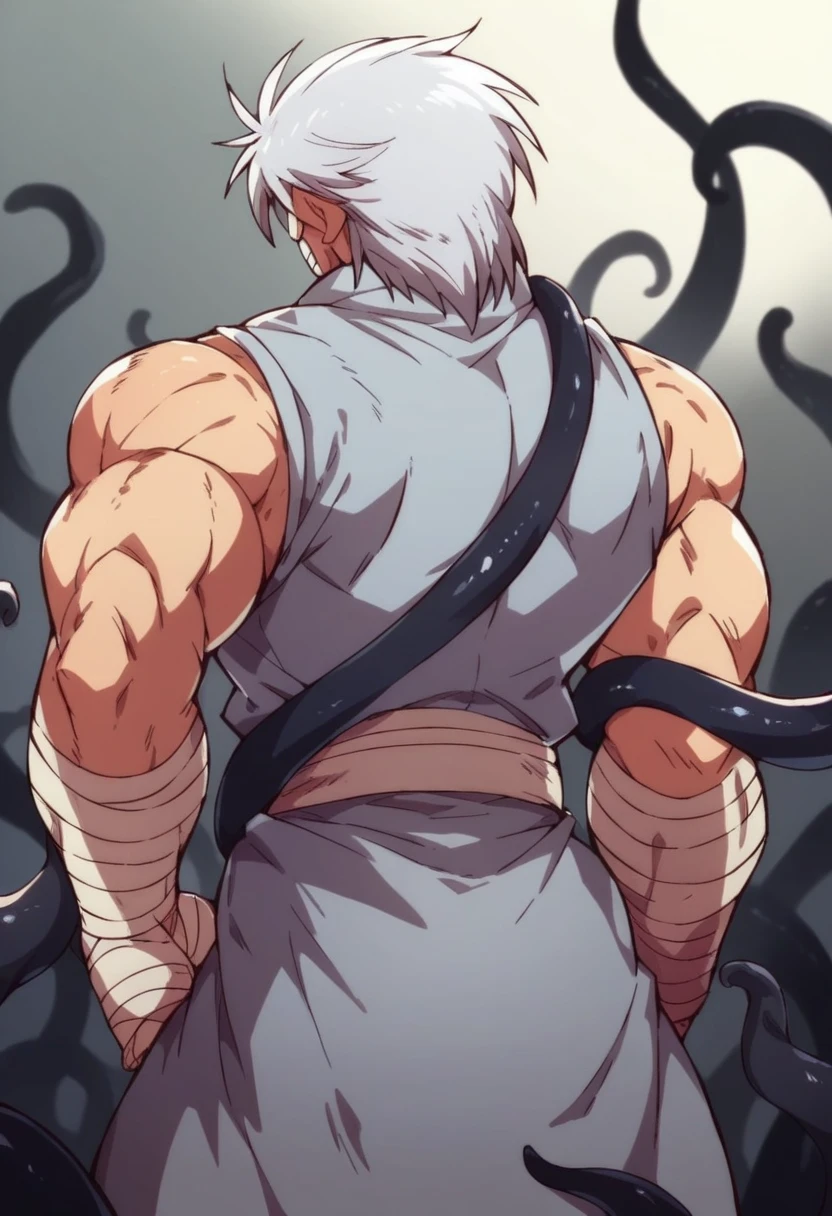 Hünkel,bandage,Silver Hair,Silver vest,Well-trained muscles,18-year-old boy,Wearing armor,Huge penis,Black tentacles radiate from behind.