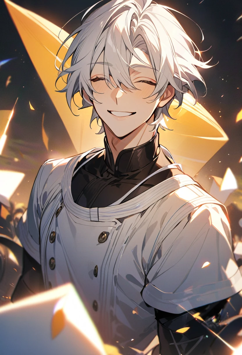 Handsome, solo, 1 male, super short hair, white hair, smile facial, (shirt), closed eyes, ((загадочное выражение лица)), ((загадочная улыбка))