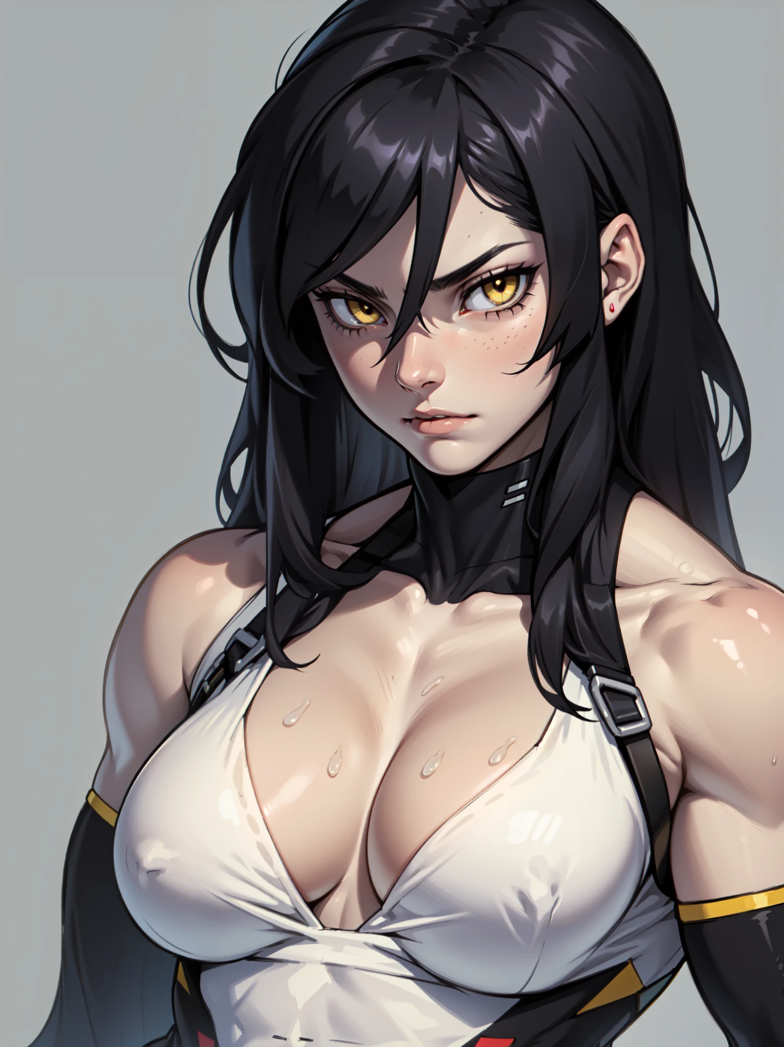 ((((muscular 1girl)))) ((((thick toned body breasts)))) (pale skin) black hair yellow eyes very long hair expressionless expressionless skintight