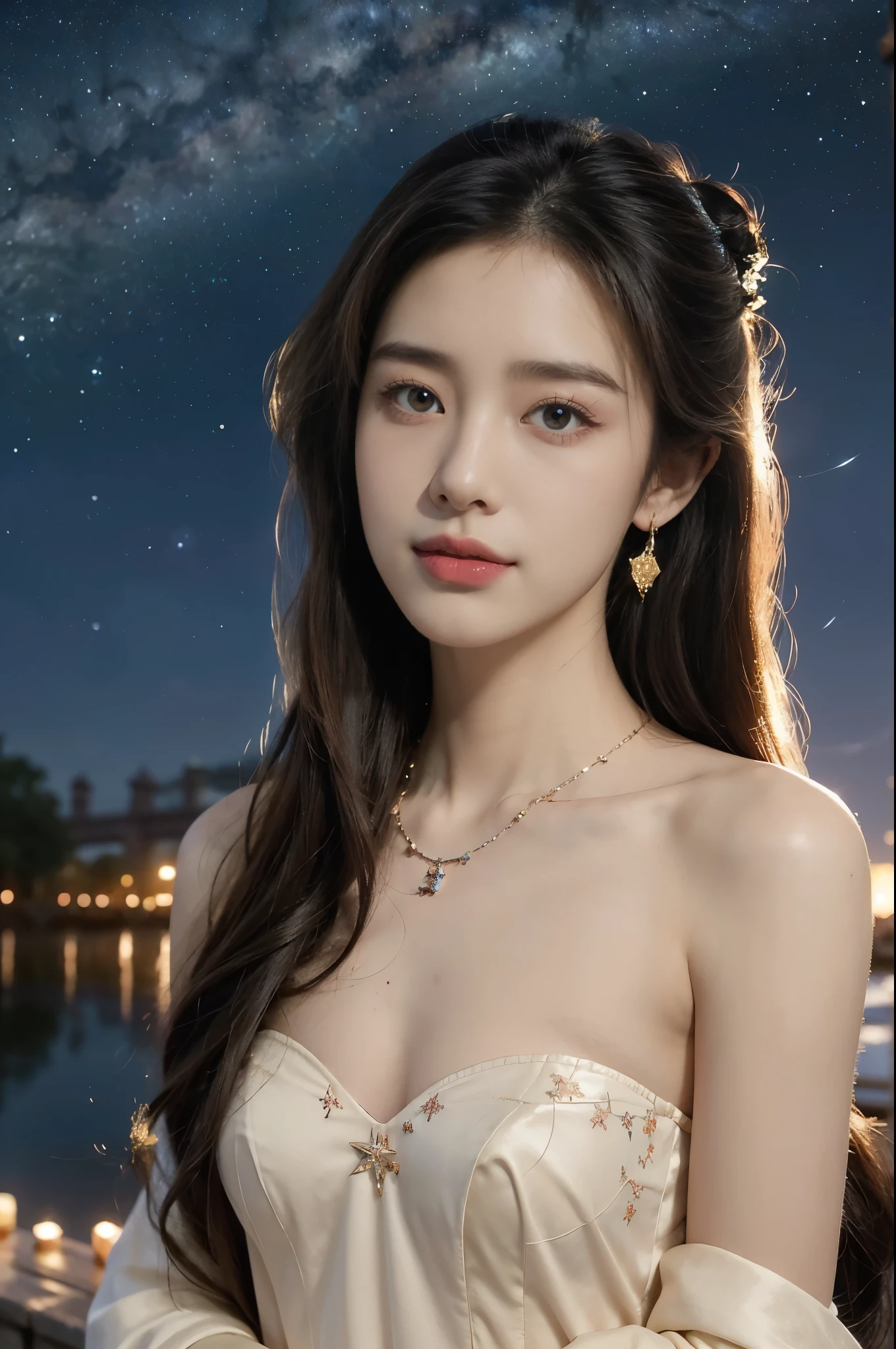 (((best quality))),(((ultra detailed))),(((masterpiece))),illustration,((1 beautiful girl,solo)),(shoulder length straight hair:1.2),((earrings,necklace)),((slim,thin)),((small breasts,flat chest)),(strapless gorgeous sheer red bra:1.3),(standing:1.3),(on the stone arch bridge:1.3),((starry sky,the Milky Way,horizon)),elegance, grace, sophisticated updo, delicate hairpins, twinkling stars, radiant smile, bright eyes, wonder, beauty of the night sky, intricate patterns, flowers, birds, vibrant colors, ethereal, enchanting, old bridge, weathered, sturdy, natural surroundings, serene, peaceful atmosphere, rippling water, stars, graceful silhouette, magic, tranquility, twinkling stars, mesmerizing canopy of light, cool air, crisp, faint scent of blooming flowers, contemplation, admiration, ancient China, timeless, rich culture, traditions, captivating, enchanting atmosphere, myth, legend,((from front,close-up of face))