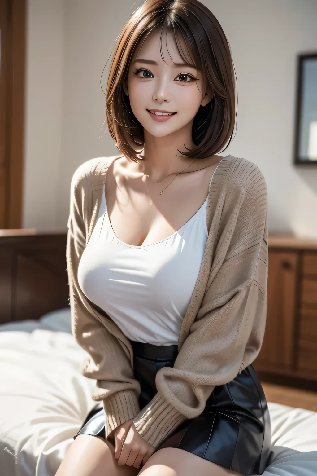 1 female, (Beautiful face with detailed shading), whole body, 40s, (Big Breasts), Beaver, Brown eyes, (Pink Cardigan), Open cardigan, White camisole blouse, (Yellow pleated skirt), White knee-high, On the bed, (Tabletop)), ((Highest quality)), (Very detailedな), ((attractive)), ((Very detailed)), 4K, (8k), Highest quality, (beautiful),(((World Class Quality))), Very detailed, High resolution,