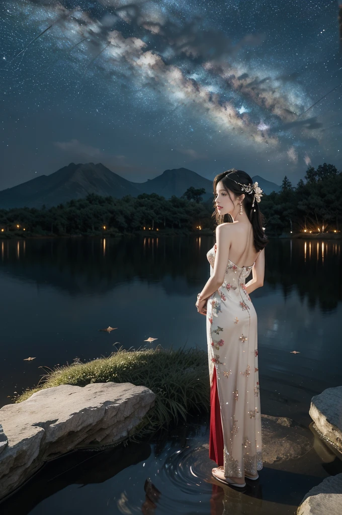 (((best quality))),(((ultra detailed))),(((masterpiece))),illustration,((1 beautiful girl,solo)),(shoulder length straight hair:1.2),((earrings,necklace)),((slim,thin)),((small breasts,flat chest)),(gorgeous sheer red Chinese dress:1.3),(slender legs:1.2),(loafers:1.2),(standing:1.3),(arms behind back:1.5),(on the stone arch bridge:1.3),((starry sky,the Milky Way,horizon)),elegance, grace, sophisticated updo, delicate hairpins, twinkling stars, radiant smile, bright eyes, wonder, beauty of the night sky, intricate patterns, flowers, birds, vibrant colors, ethereal, enchanting, old bridge, weathered, sturdy, natural surroundings, serene, peaceful atmosphere, rippling water, stars, graceful silhouette, magic, tranquility, twinkling stars, mesmerizing canopy of light, cool air, crisp, faint scent of blooming flowers, contemplation, admiration, ancient China, timeless, rich culture, traditions, captivating, enchanting atmosphere, myth, legend,((from front,full body))